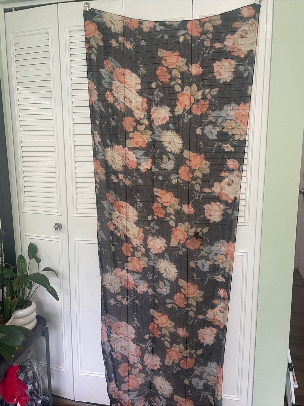 Sheer Floral Maxi Scarf / Wrap in Black with Peach & Cream Flowers